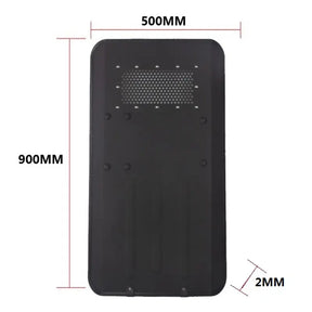 Aluminium anti-riot shield 900MMX500MM with foldable handle, EVA shock-absorbing panel, rubberized edge, 147J impact resistance, 20J puncture resistance, and reinforced visor with polyc