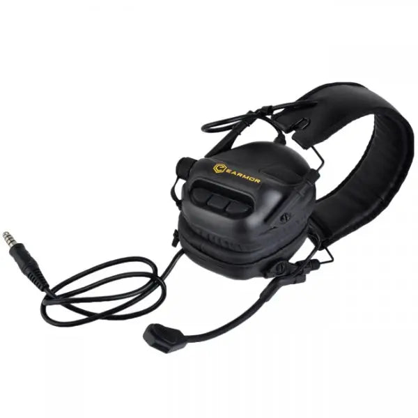Protection auditive électronique EARMOR M32 en noir avec réduction de bruit, amplification du bruit ambiant, et fonctionnalités tactiques avancées.