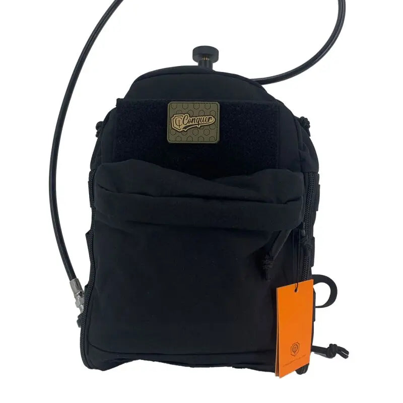 Black Conquer MOLLE backpack made of nylon with customizable webbing, detachable connection ring, and interior compartment for HPA tank, waterproof coating included.