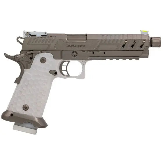 Édition limitée CS Hi-Capa Vengeance Requiem Vorsk avec silencieux, matériaux en aluminium et polymère, viseur à fibre optique verte, et vélocité de