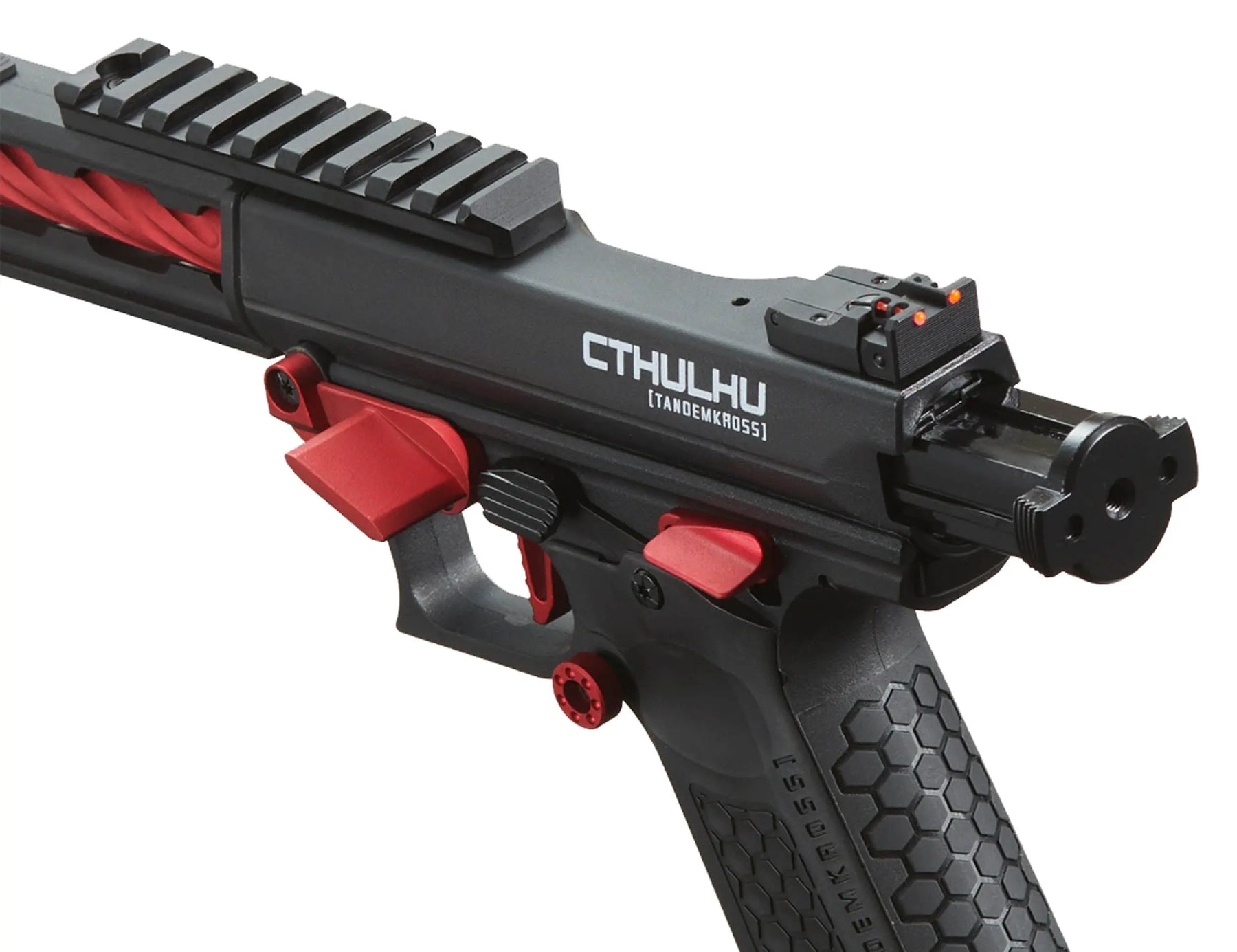 CTHULHU Lancer Tactical Rouge - Pistolet airsoft Tandemkross noir et rouge avec compensateur carré, repose-pouce CNC et détente squelette