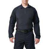 Chemise de combat Flex-Tac TDU Rapid Dark Navy 5.11 avec fermeture à glissière, tissu ripstop, poches à profil bas, coudes renforcés et coloris bleu marine