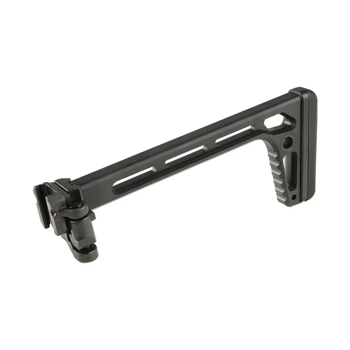 Robuste crosse atlas MCX noire en alliage d'aluminium avec rail picatinny, repliable et facile à monter.