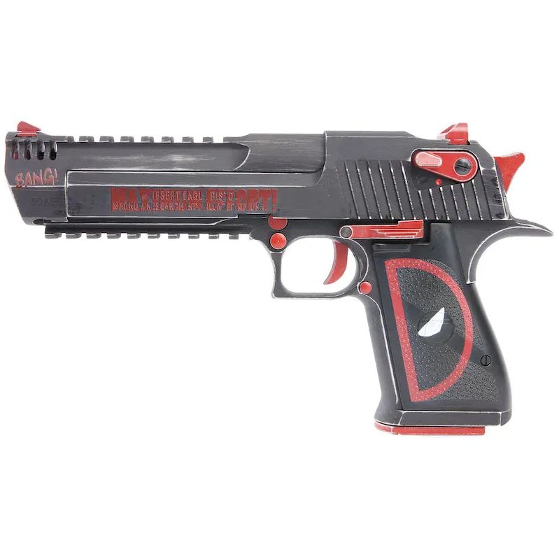 Alt text: "Deadpool Painted Desert Eagle L6 .50AE GBB Airsoft Pistol by WE - Adjustable hop-up, 1,645g weight, 270mm length, 27 round capacity, 350 fps power, green