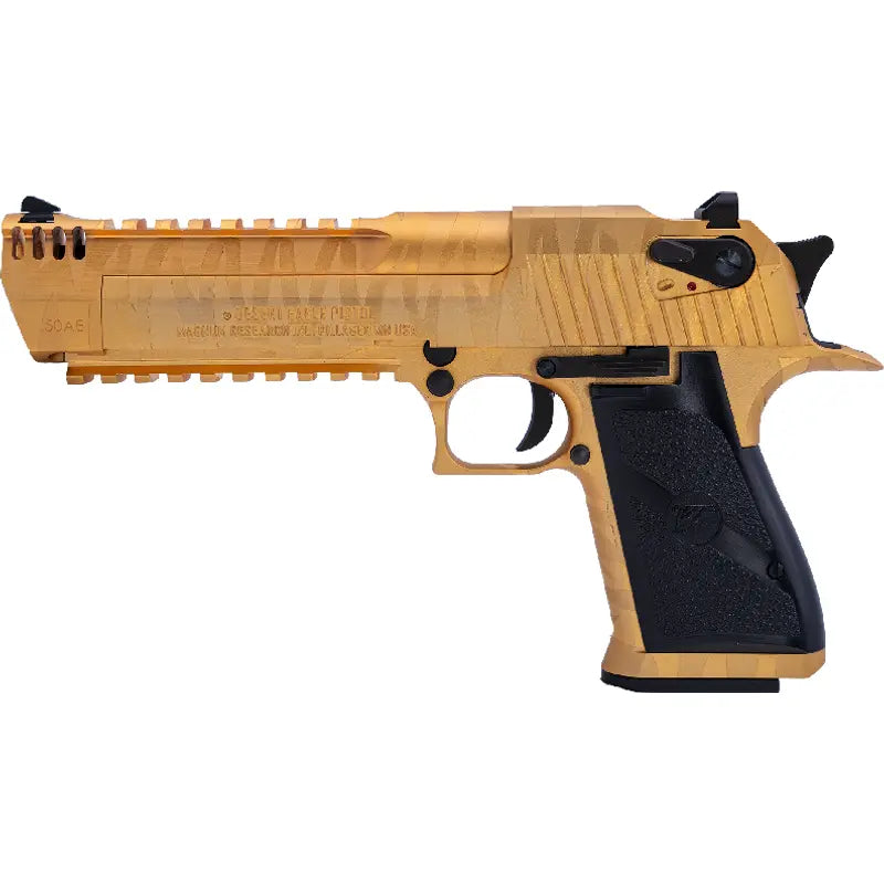 Réplique Desert Eagle L6 Tiger Stripes Gold de marque Cybergun avec culasse mobile et plaquettes texturées pour une prise en main optimale