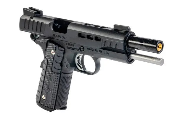Black EMG Kimber 1911 Rapide Frost GBB pistol made of metal, powered by green gas, semi-auto shooting mode with adjustable hop up and 16 capacity