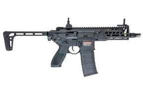 Black E&C MCX Rattler Airsoft AEG, 5.6 inch, made of metal, Sig Sauer model, with electric power source and adjustable hop up