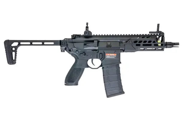 Black E&C MCX Rattler Airsoft AEG, 5.6 inch, made of metal, Sig Sauer model, with electric power source and adjustable hop up