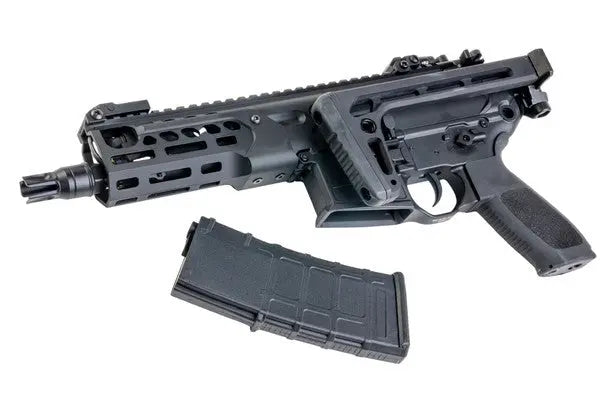Black E&C MCX Rattler Airsoft AEG Rifle, 5.6 inch, made of metal, with Sig Sauer model type and electric power source