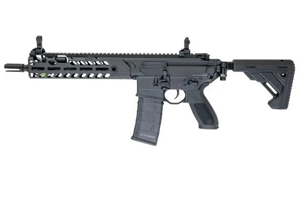 Black E&C MCX Virtus Airsoft AEG Rifle made of metal, 10.5-inch size, with adjustable hop up and semi-auto/full-auto shooting mode