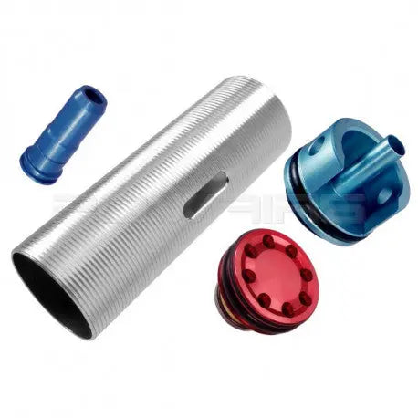 Kit d'upgrade pneumatique FPS Softair KMAE3 pour AEG M4, incluant cylindre en acier, nozzle en ERGAL, et tête de piston allégé, compatible Marui et fabriqué