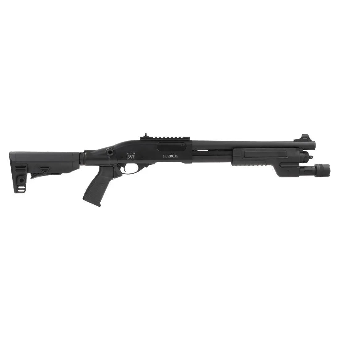 Photo d'un fusil à pompe Velites Ferrum S-VI en noir de la marque Secutor avec une description de ses caractéristiques techniques comme sa longueur, son nombre de canons internes, sa capacité de