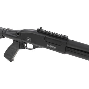 Un fusil à pompe Velites Ferrum S-VI noir de Secutor, avec une construction externe en métal, une portée optimale de 30 mètres et une capacité de cartouche de 30 bil