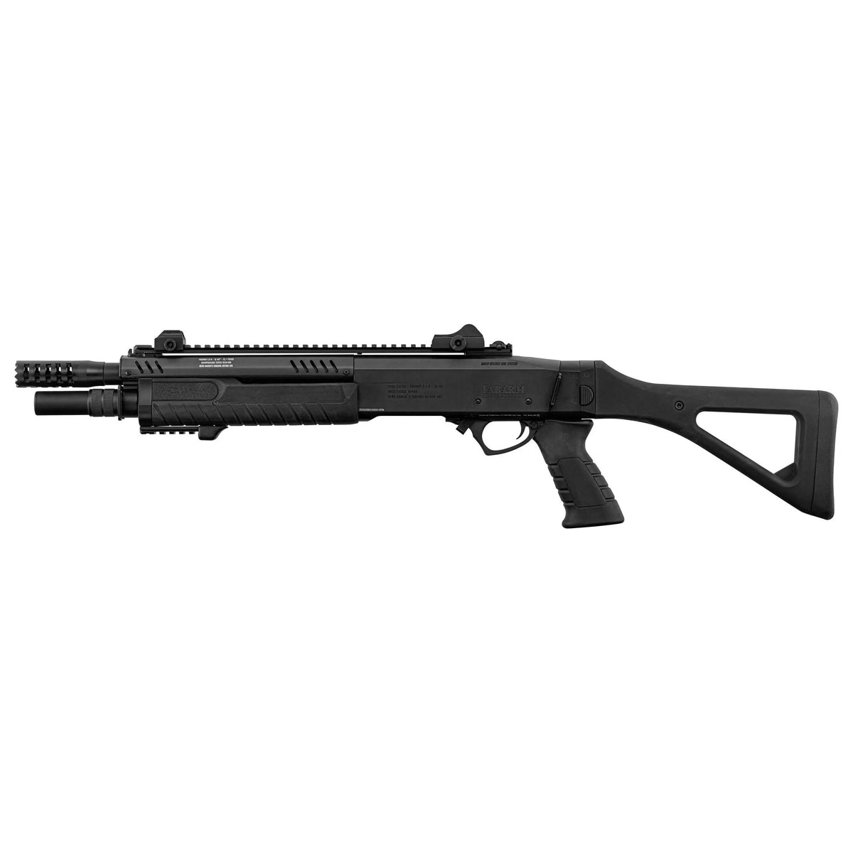 Alt text : Réplique officielle du fusil à pompe FABARM STF12 Compact noir Gaz de haute qualité avec crosse rétractable et marquages officiels.