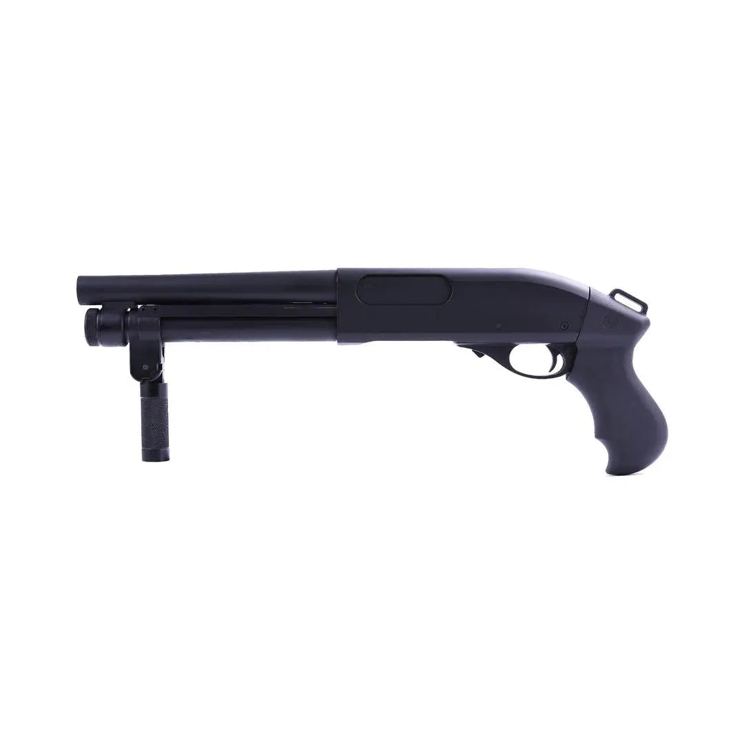 Alt text: Fusil à pompe gaz Golden Eagle Noir avec poignée rétractable, idéal pour le CQB, doté de modes de tir variés et fourni avec 3 cartouches.