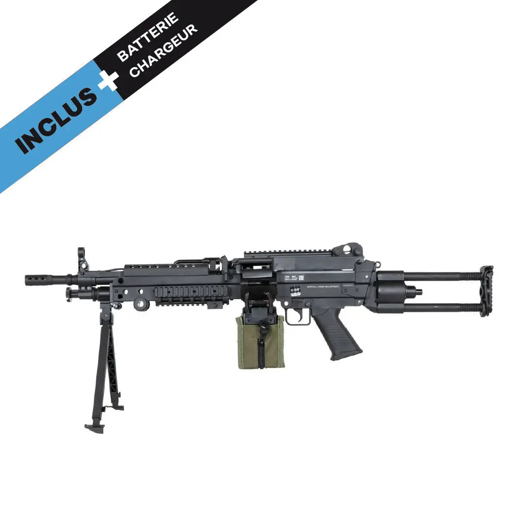 Vue du fusil mitrailleur SA-F249 PARA FLEX NOIRE, fabriqué en métal et polycarbonate, avec des caractéristiques incluant une longueur de 800mm / 930mm, un poids