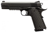 Réplique GBB 1911 MEU Rail Raven full métal en gaz noir 1,0J avec grip texturé noir, ressort de recul, nozzle additionnel, sécurité ambidextre et hop-up ré