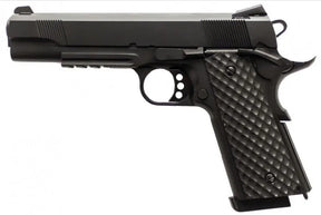 Réplique GBB 1911 MEU Rail Raven full métal en gaz noir 1,0J avec grip texturé noir, ressort de recul, nozzle additionnel, sécurité ambidextre et hop-up ré