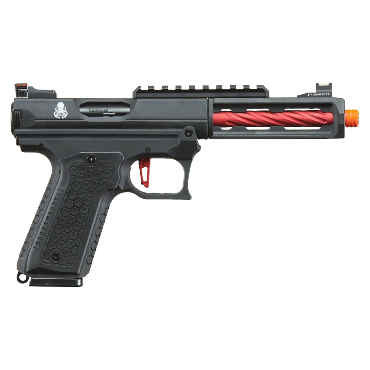GBB AAP-01 CTHULHU Lancer Tactical, pistolet à gaz Tandemkross noir/rouge avec compensateur Game Changer Pro et chargeur de 24 coups