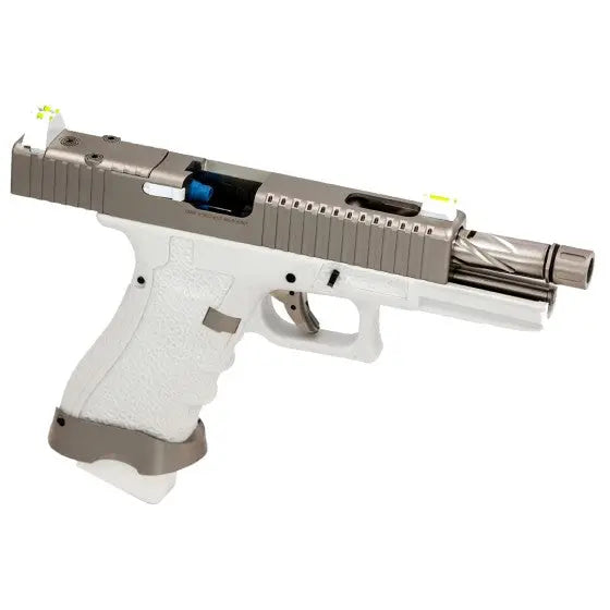 Édition limitée du GBB EU7 Requiem Vorsk avec culasse en aluminium, frame polymère blanche, canon externe torsadé, cache flamme, magwell, mires réhaussés, mode de