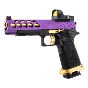 Pistolet GBB Stryk Hi-Capa 5.1 Violet et Or Lancer Tactical avec des caractéristiques telles que glissière en aluminium, frame en polymère, compatible avec pièces Tokyo Marui, déc