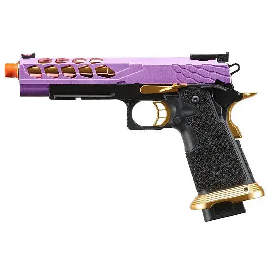 Pistolet airsoft GBB Stryk Hi-Capa 5.1 Violet et Or Lancer Tactical avec RMR, glissière en aluminium, frame en polymère, compatible pièces Tokyo Marui, mires en fer à