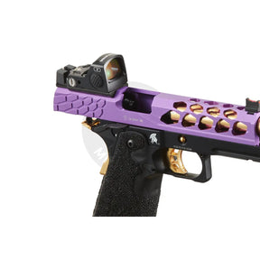 Pistolet airsoft GBB Stryk Hi-Capa 5.1 Violet et Or de Lancer Tactical avec RMR, glissière en aluminium, cadre en polymère, mires en fibre optique, rail d'access