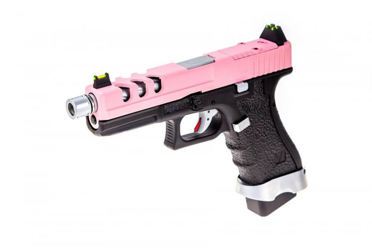 GBB VORSK EU7 Vented Noir/Rose 1j, pistolet Glock custom avec culasse Aluminium noire et canon externe torsadé rouge