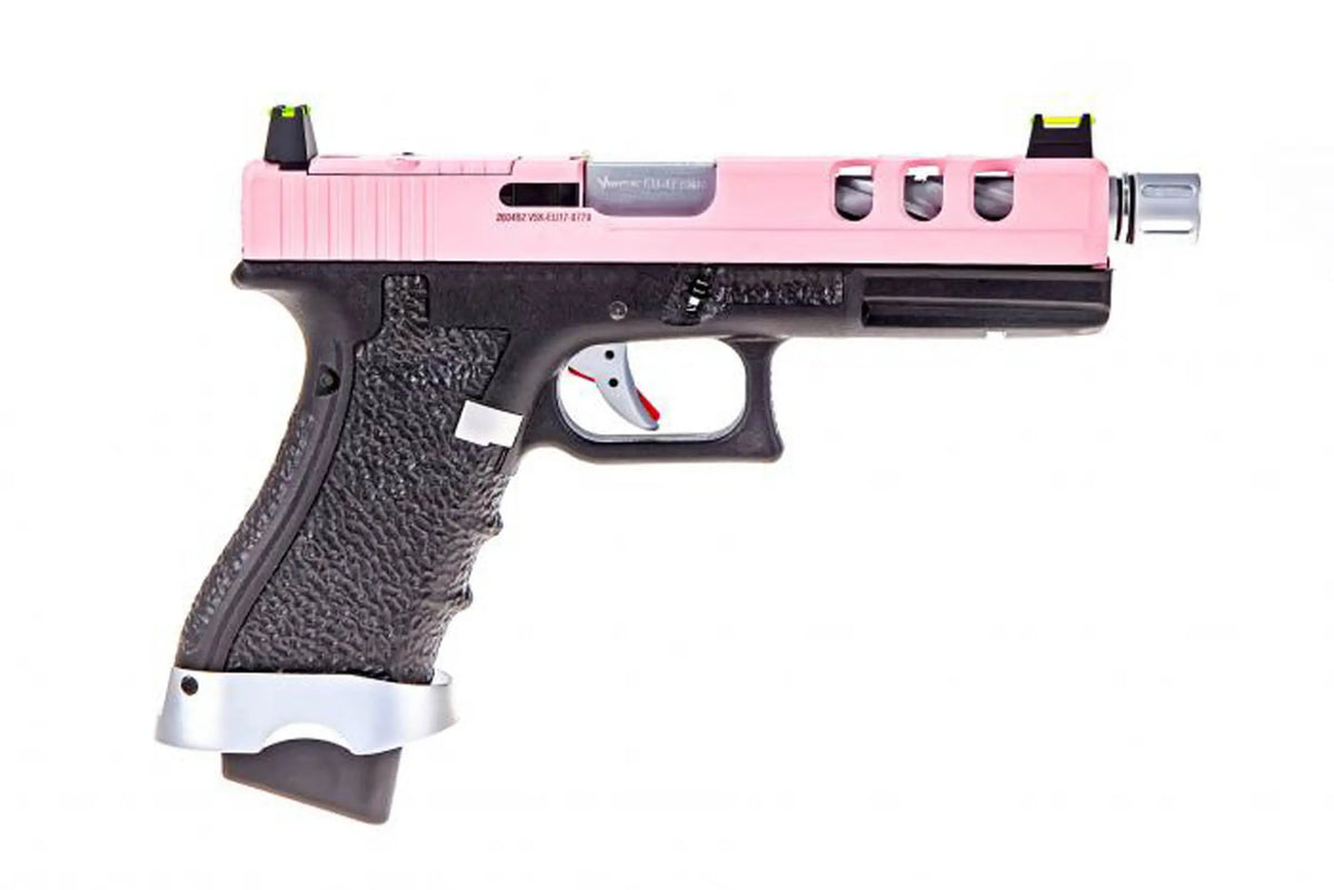 GBB VORSK EU7 Vented Noir/Rose 1j, pistolet Glock custom avec culasse aluminium noire et canon externe torsadé rouge