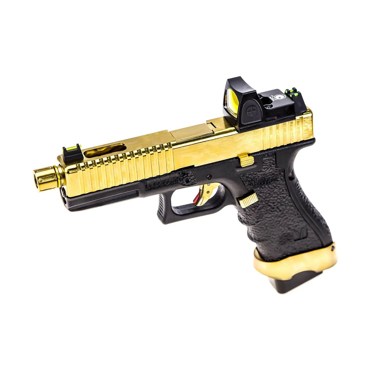 GBB Vorsk EU7-T Noir & Or avec rmr, un pistolet tactique Glock 17 custom avec viseur à fibre optique et glissière ventilée