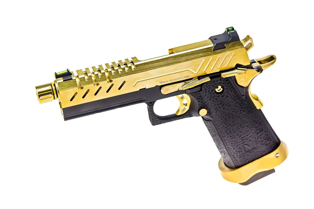 GBB gaz Hi-Capa 4.3 noir/or 0,9J, un pistolet airsoft moderne et robuste avec culasse métallique, canon externe doré et chargeur de 25 billes.