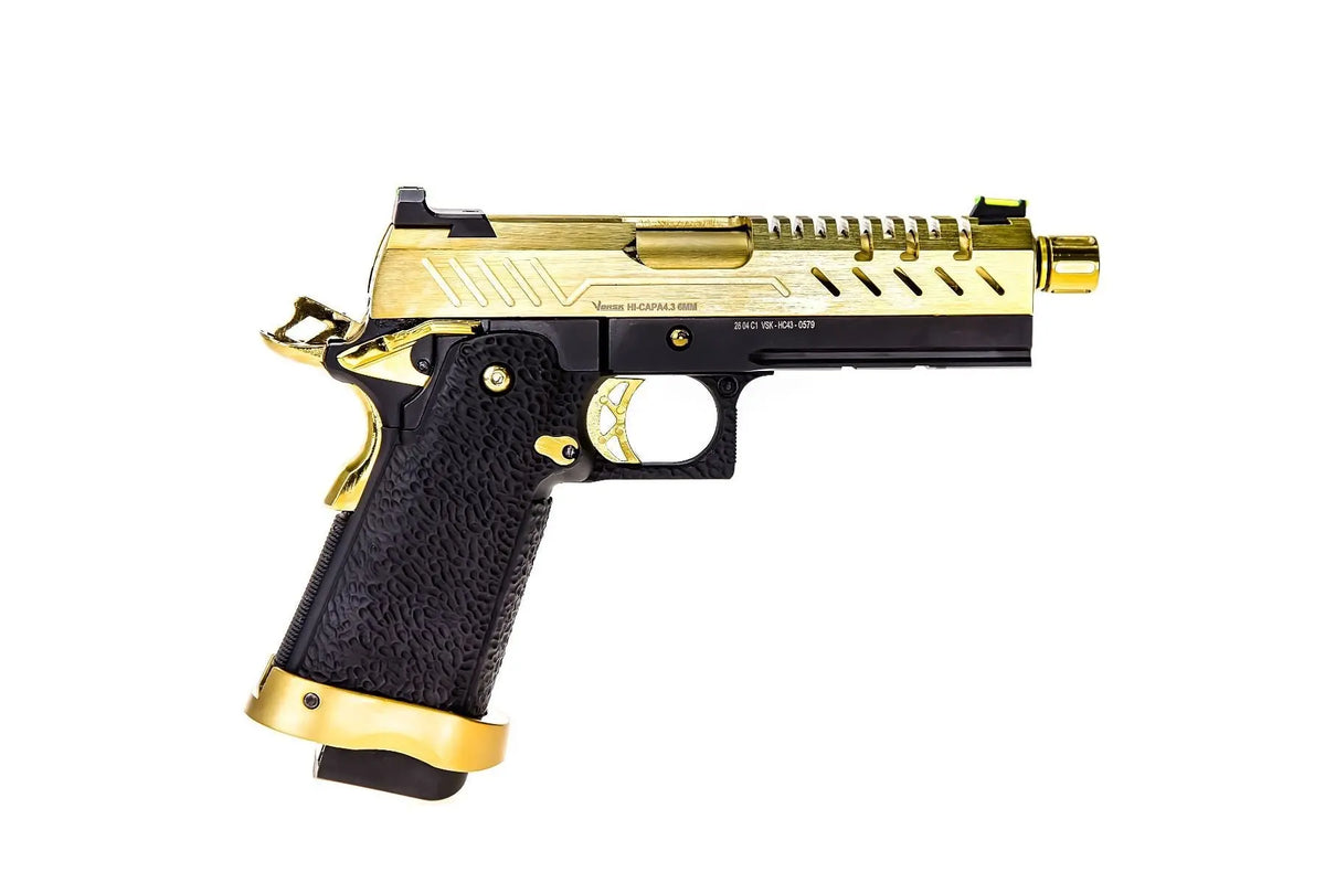 GBB gaz Hi-Capa 4.3 Noir / Or 0,9J, inspiré des armes de combat modernes, avec culasse métal, grip texturé, canon externe doré, et capacité
