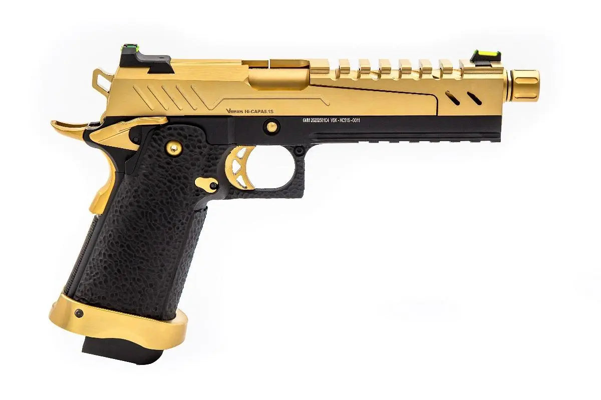 Pistolet airsoft GBB gaz Hi-Capa 5.1 SPLIT Gold / Noir 1,0J de Vorsk, inspiré des conceptions d'armes de combat modernes, avec culasse métal ajour