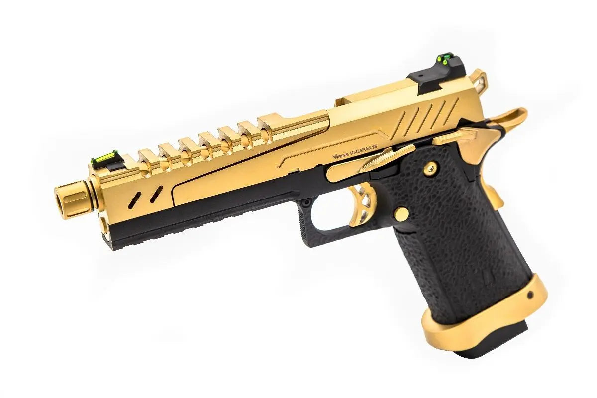 GBB gaz Hi-Capa 5.1 SPLIT Gold / Noir 1,0J, une réplique de pistolet airsoft de Vorsk avec culasse en métal, grip texturé, canon externe