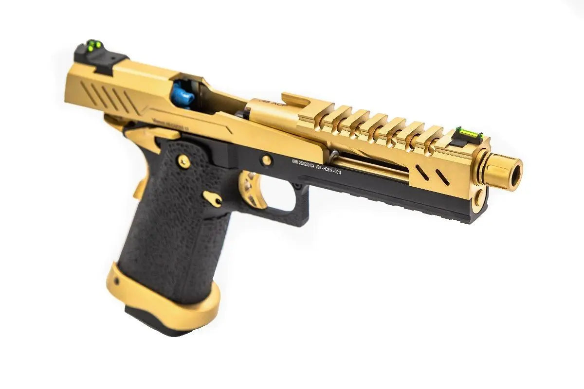 GBB gaz Hi-Capa 5.1 SPLIT Gold / Noir 1,0J, inspiré des conceptions d'armes de combat modernes, avec culasse Split métal, grip texturé, bâ