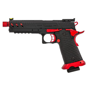 Réplique de GBB gaz Vorsk CS Hi-Capa Vengeance Red Match avec viseur arrière réglable, culasse en métal, et grip texturé pour une prise en main optimale.