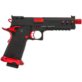 Réplique d'arme à feu GBB gaz Vorsk CS Hi-Capa Vengeance Red Match avec viseur arrière réglable, culasse ajourée et grip texturé pour une prise en main optimale.