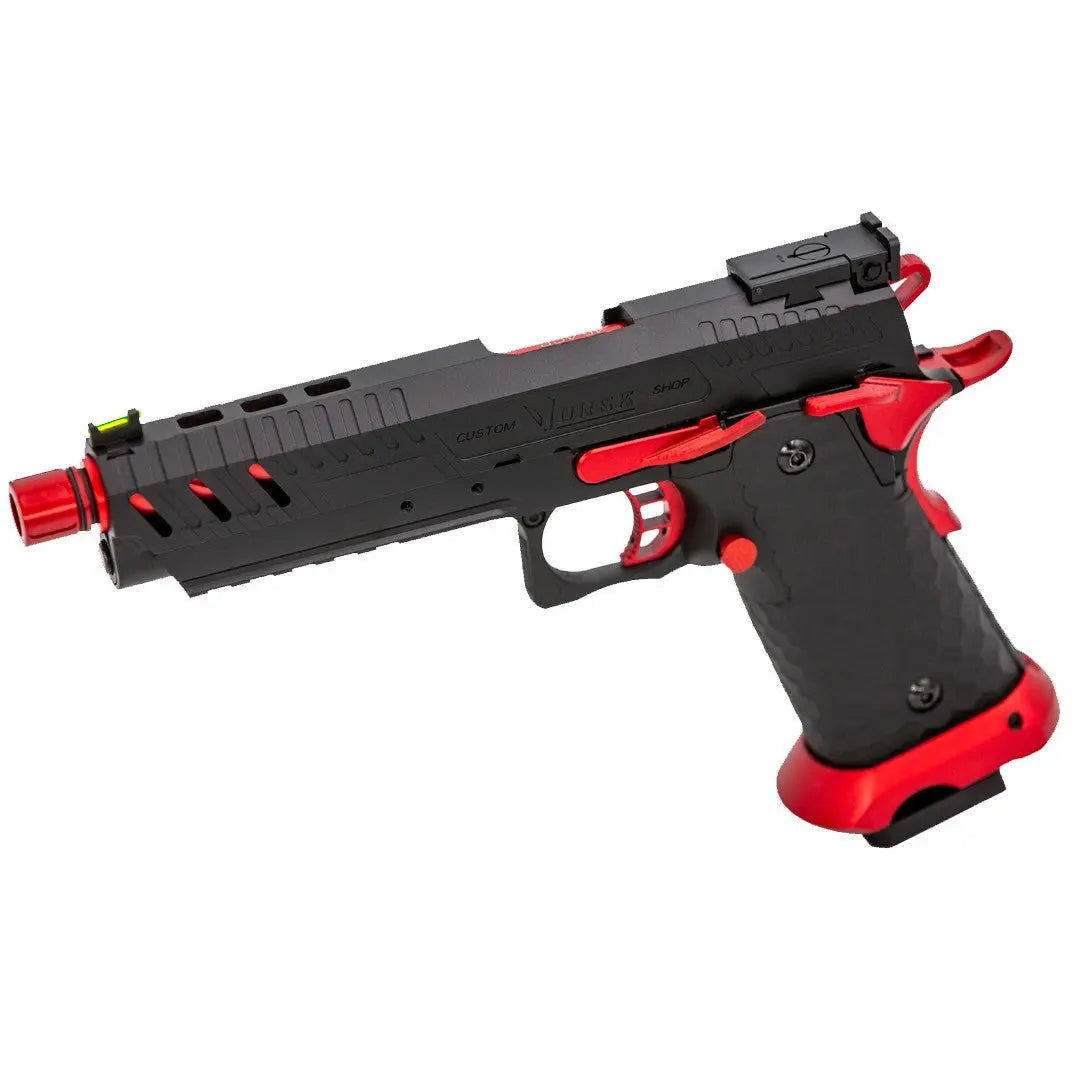 GBB gaz Vorsk CS Hi-Capa Vengeance Red Match 1j avec viseur arrière réglable, culasse métal ajourée, et prise en main optimale