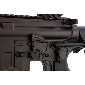 Réplique d'AR-15 PDW de Golden Eagle en bronze, full métal avec rail Picatinny et commandes ambidextres, idéale pour le jeu d'airsoft en bâtiment.