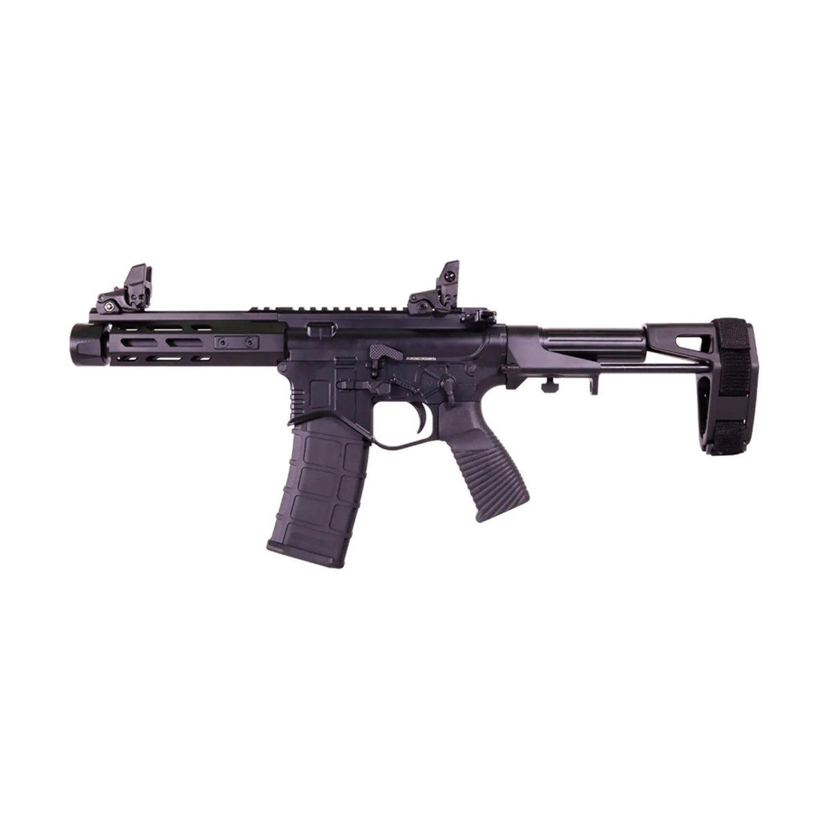 Réplique airsoft Golden Eagle AR-15 PDW GBBR noire, construction full métal avec crosse rétractable et rail Picatinny de 170mm.