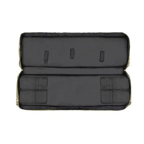 Robuste housse noire de 100cm pour transport d'armes ou répliques, avec multiples rangements et poches, doublure absorbante et attaches sécurisées.