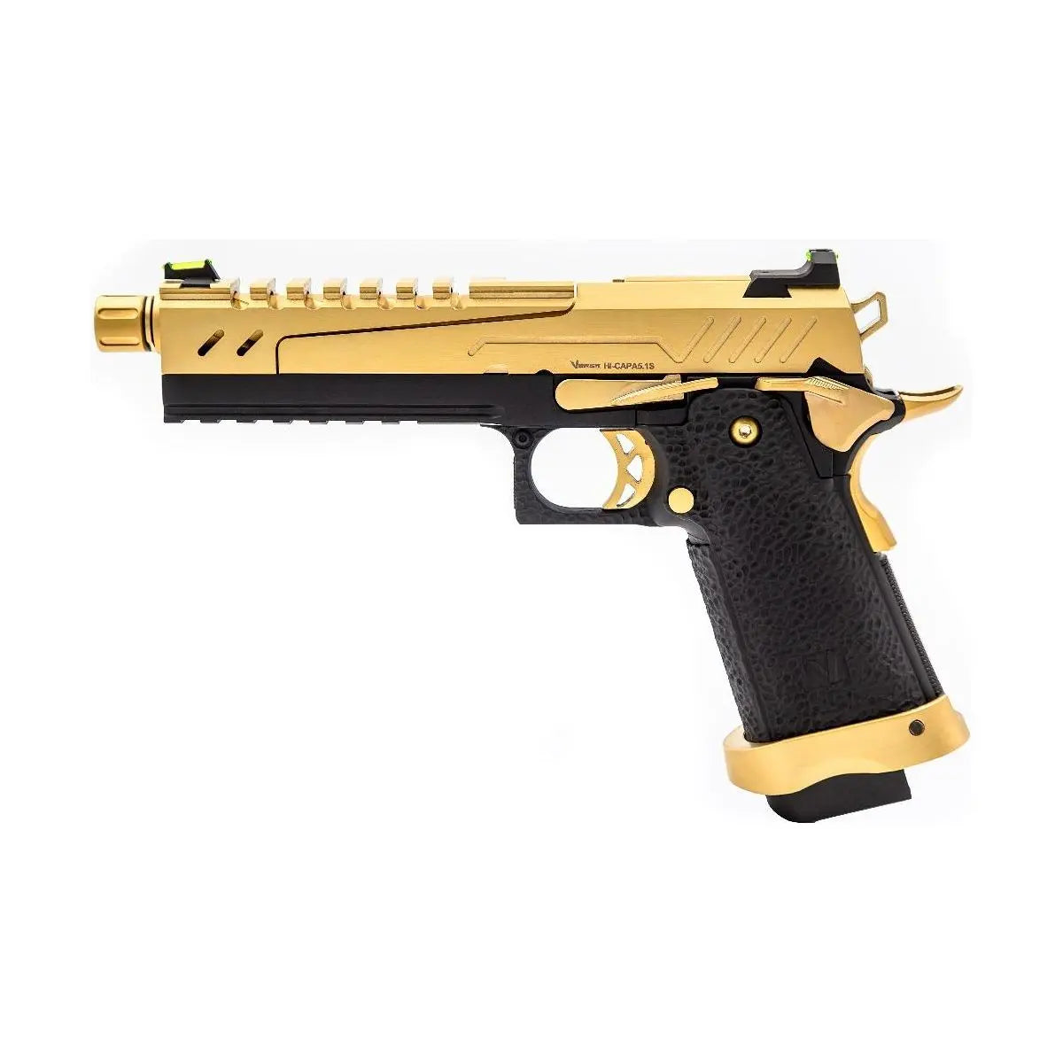 Hi-Capa 5.1 SPLIT Gold / Noir 1,0J avec culasse métal, grip texturé, canon externe doré et chargeur de 25 billes