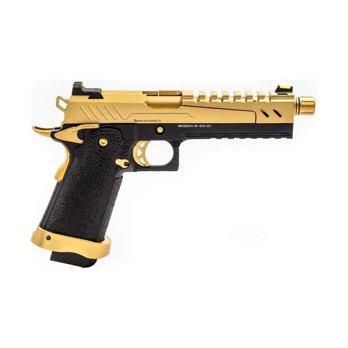 Hi-Capa 5.1 SPLIT Gold / Noir 1,0J avec culasse métal, grip texturé, canon externe doré et visée fibre optique