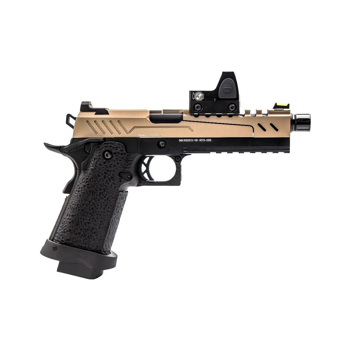 Réplique de pistolet Hi-capa 5.1 VORSK Tan / noir split avec point rouge BDS, culasse métallique, grip texturé, canon fluté et chargeur de 25 billes