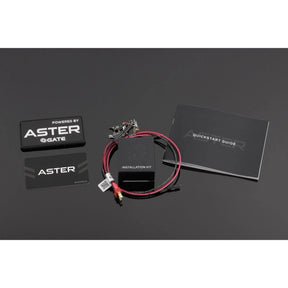 Kit Bloc Détente GATE ASTER V2 pour airsoft avec câblage avant, programmable et pivotable informatiquement, incluant de nombreuses fonctionnalités comme le contrôle de la cadence de tir et la protection