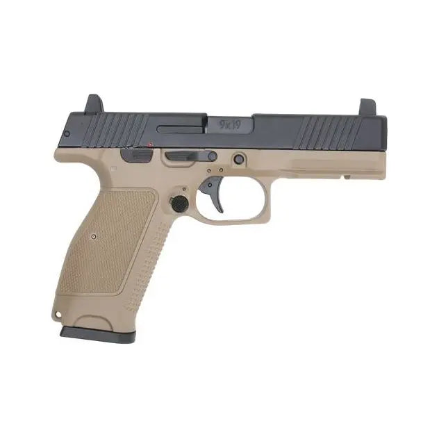 Kizuna Works MKW Blowback Metal Noir et Tan, version du pistolet russe moderne LEBEDEV avec rail sous la culasse, grip ergonomique, semi-automatique, culasse en aluminium, chargeur