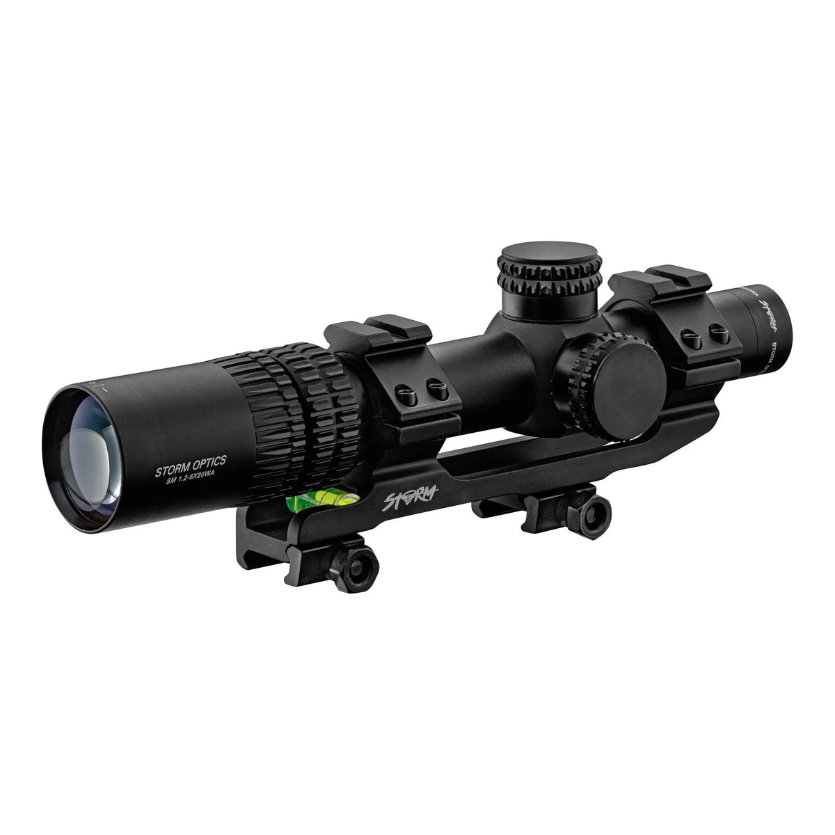 Vue de la lunette 1.2-6x20WA Storm Optics avec rail de montage, diamètre d'objectif de 35mm, résistant à l'eau et traitement anti-reflet