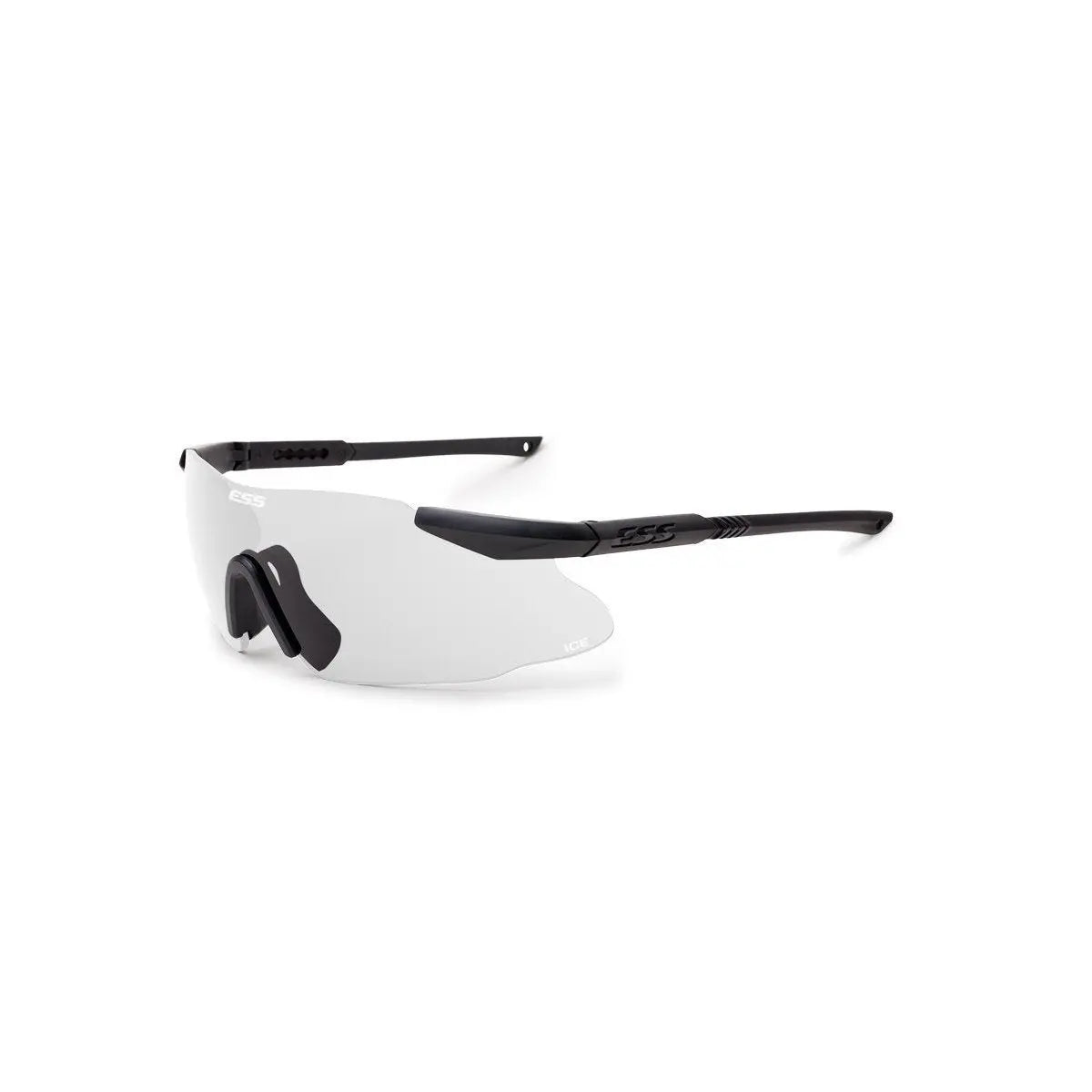 Modèle de lunettes balistique ESS ICE 1 Clair avec verre neutre et branches ajustables pour une protection optimale contre les impacts à haute vélocité.