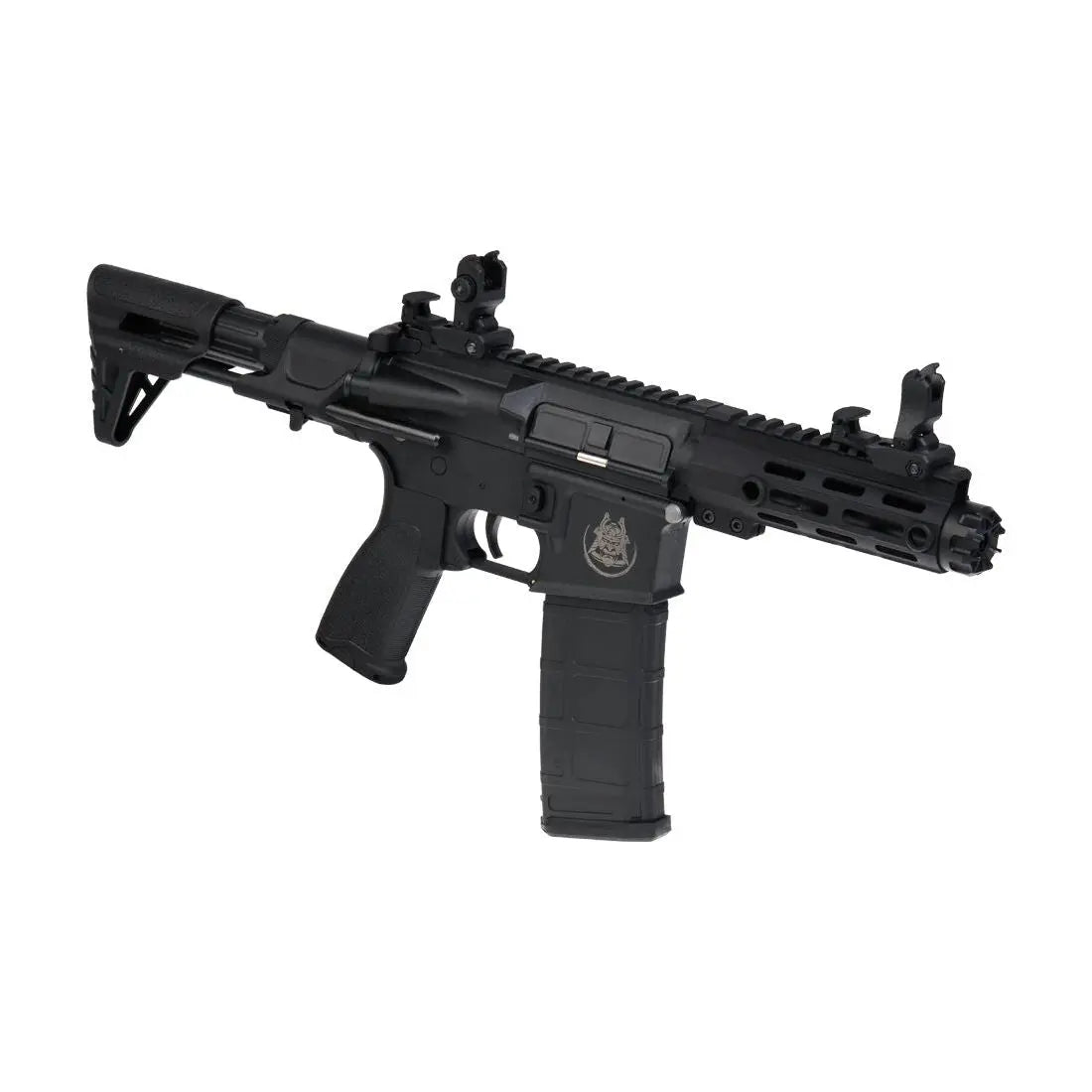 Black M4 SAIGO Shinobi airsoft gun with non-blow back, adjustable hop up, 2000g weight, 750mm length, polymer material, 330 FPS, and 130 rds charger