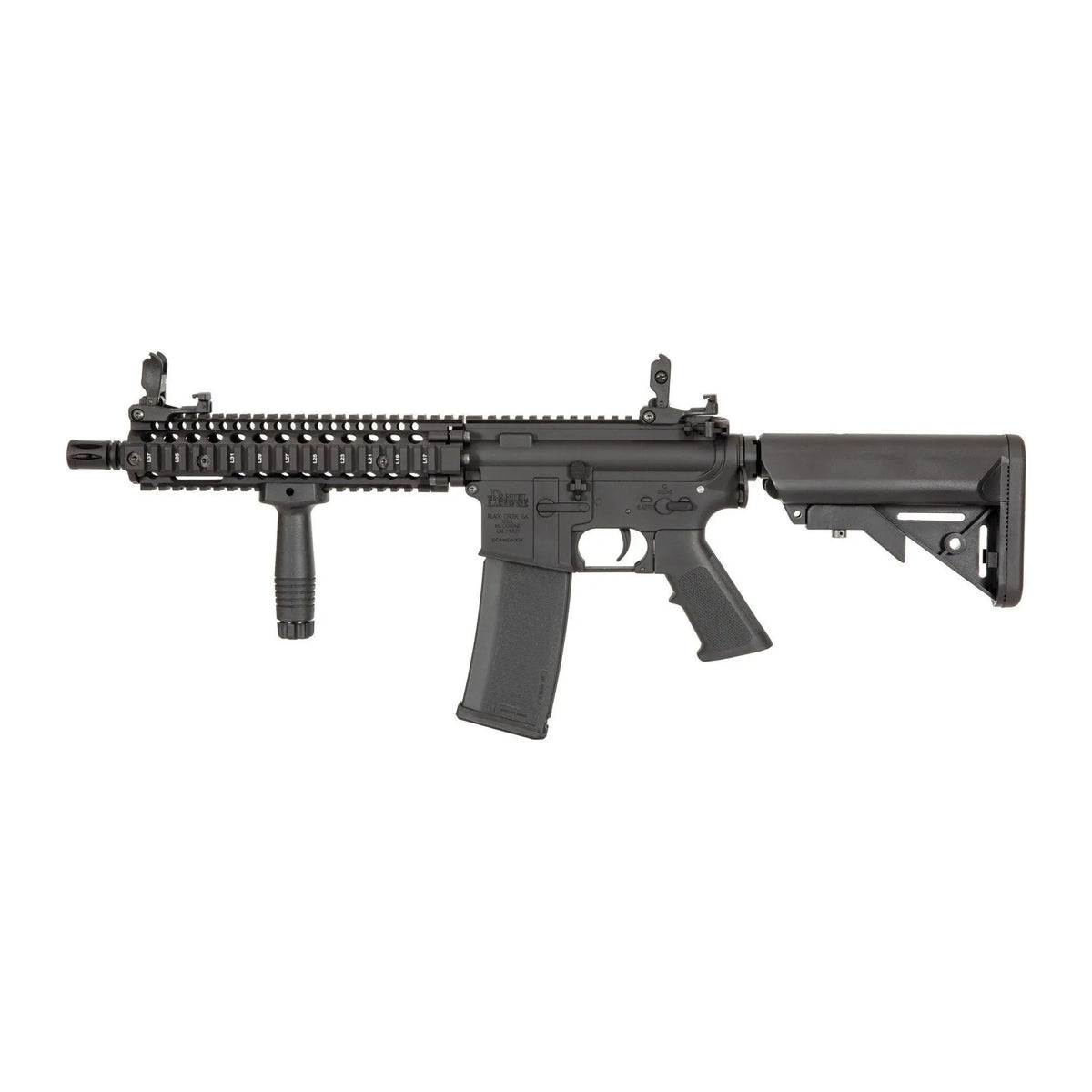 Replique d'arme MK18 Specna Arms Daniel Defense SA-E19 en noir avec système de changement rapide de ressort